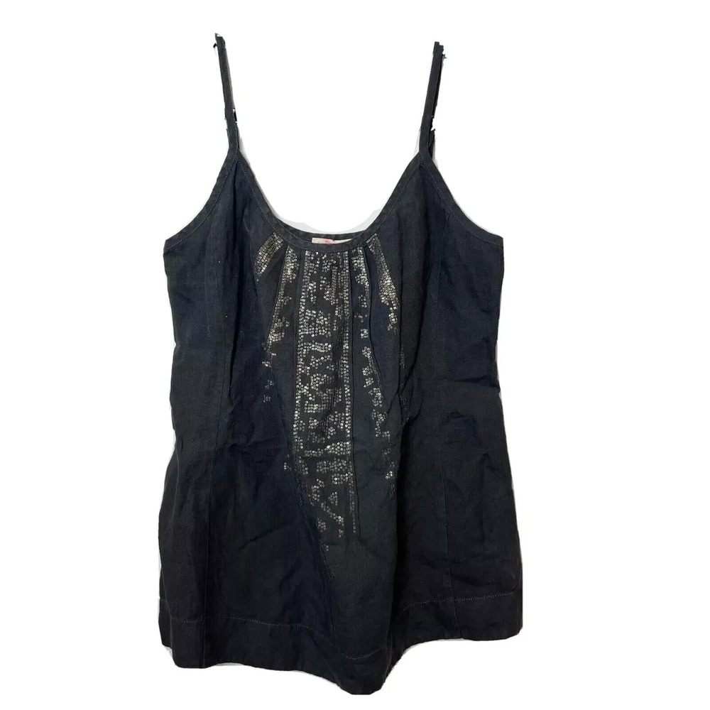 Eileen Fisher Sequins Sleeveless Tank Top Womens XS Gray Linen Spaghetti Strap